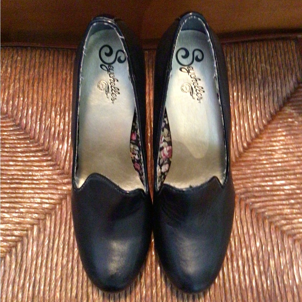 Black Leather Wedge Slip Ons